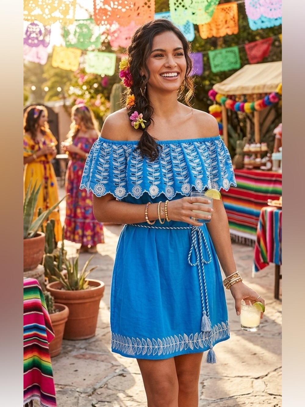 RahiCali Daisy Off-The-Shoulder Embroidered with Tassels Ties Dress Small NWT